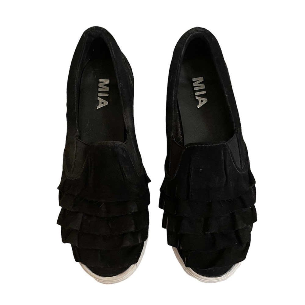MIA Black Ruffle Platform Slip On Shoes